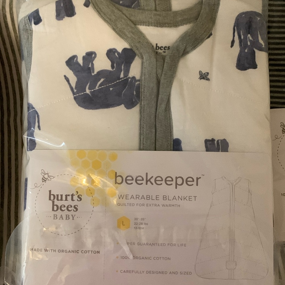 Burt’s Bees blue, grey and white quilted sleep sack size large